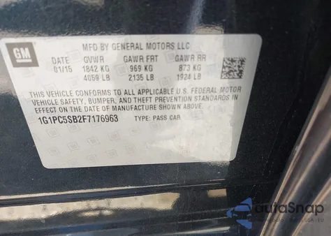 2015 Chevrolet Cruze Lt из США, поврежденный, VIN 1G1PC5SB2F7176963